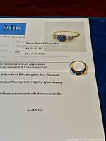 Ring and appraisal certificate showing valuation and gemstone details