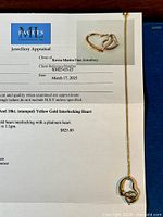 Heart pendant and chain laid atop Facets Gem Services Inc. jewellery appraisal document showing pendant design, weight and suggested value.