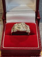 Front view of ring in display box showing overall design