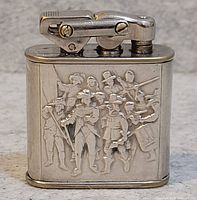 Front view of the silver lighter showing detailed relief of historical figures.