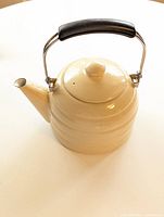 Full view of cream enamel kettle with raised ridges and black handle, shown from side angle.