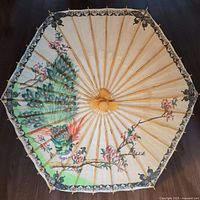 Top-down view of the umbrella showing handpainted peacock and floral design with detailed ribs and border.