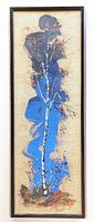 Full view of the signed painting framed in black wood, depicting a white birch tree with blue and orange abstract background on linen canvas.