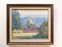 Full view of the framed signed landscape painting showing a rustic building, trees, hills, and sky.