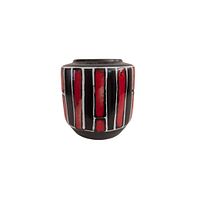 Front view of the West German pottery vase showing the red and black striped pattern with white outlines on the rounded body.