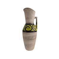 Full side view of a tall West German pottery vase with handle, textured beige body and yellow-black geometric patterned band.