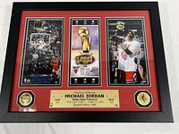 Full front view of the framed memorabilia showing three main panels and the certificate plaque