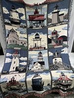 Front view of the vintage woven tapestry throw blanket illustrated with 12 different lighthouse panels with detailed color and design.