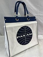 Front and side view of white and navy blue overnight bag with Pan Am logo, showing bag shape and slight signs of wear.
