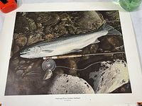 Full view of the Washougal River Summer Steelhead print showing fish, fishing rod, and stones.