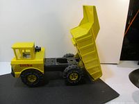 Side angle showing raised dump bed and detailed cab with Tonka logo