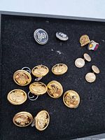 Photo of assorted vintage buttons on black background including gold-tone military-style buttons, light-colored ridged buttons, and enamel pins.