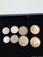 Eight coins laid out on black velvet background showing all denominations.