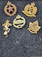 Full view of the five military badges on a dark fabric background showing varied insignia including a star, horn, horse, and maple leaf.