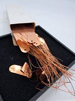 Set of copper plant labels loosely held in a black tray, wires tangled, showing quantity and material.