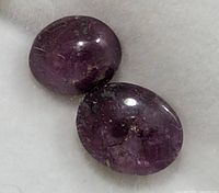 Two oval star ruby cabochon gemstones lying on a white surface, showing dark purple color and natural inclusions.