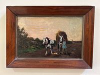 Overall view of framed oil painting showing two horses and farmer on a road
