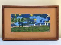 Full view of framed painting under glass showing entire composition and mat with water stain at bottom edge.