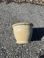 Single beige ceramic pot with round rolled rim and subtle ridges, smooth glaze finish.