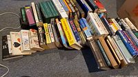 Wide view of all books lined up on a carpeted floor, showing a mix of hardcovers and paperbacks, some stacked and some standing next to each other.