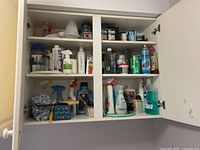Photo showing two shelves with multiple bottles and containers of cleaning supplies such as sprays, disinfectants, and polishes.