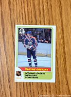 Front side of the Wayne Gretzky hockey card from 1986-87 O-Pee-Chee series showing Gretzky in Oilers uniform on ice with 'Scoring Leaders' text.