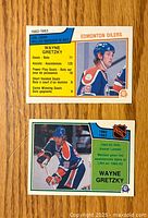 Front sides of two OPC hockey cards featuring Wayne Gretzky in Edmonton Oilers uniforms with scoring and assist leader highlights.
