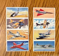 Front side of two sheets showing 8 illustrated vintage aircraft cards from Lyons Tea Wings of Speed series