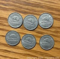 Six 1941 Canadian 5 Cent Nickels reverse side showing the beaver design.
