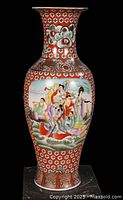 Full view of the tall Chinese floor vase showing detailed hand-painted scene of figures and florals.