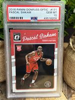 Front of the 2016 Pascal Siakam basketball card graded PSA 10 Gem Mint, showing player in Toronto Raptors red uniform with card details