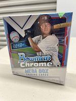 Front of the sealed 2021 Bowman Chrome Mega Box showing a Detroit Tigers player and branding details.