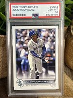 Front view of the 2022 Topps Update Julio Rodriguez rookie card graded Gem Mint 10 by PSA in protective slab.
