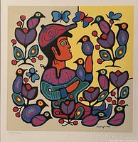 Print showing a human figure surrounded by colorful birds and flowers on a beige and yellow background.