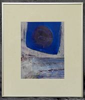 Full view of a framed vintage abstract painting featuring a dark circular shape on a blue square with textured gray and white brushstrokes beneath.