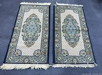 Full view of both runner rugs laid side by side showcasing the overall pattern, color and condition, including fringed ends