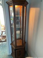 Full view of tall wooden curio cabinet with glass shelves and lighting inside, standing on carpeted floor.