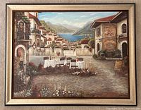 Full view of the Italian village canvas print with frame, showing the entire image and frame design.