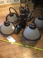 Full view of the five light hanging light fixture on wooden floor showing globes and structure