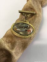 Front view of antique Essex crystal brass brooch with painted bird inside the oval crystal.