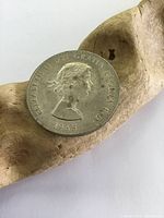 Obverse side of the 1965 Canadian silver dollar showing Queen Elizabeth II portrait and year 1965.