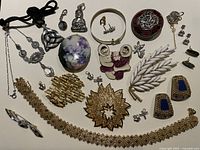 Full lot overview showing the assorted jewelry pieces arranged on a flat surface including brooches, earrings, pendants, bracelets, necklaces and a stick pin.