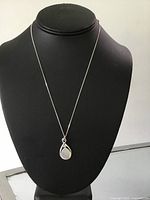 Silver necklace displayed on black bust, showing full length and pendant shape.