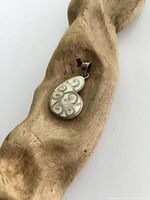 Sterling silver shell pendant on a natural wood piece, showcasing its teardrop shape and swirl design.