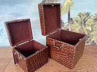 Photo showing both storage boxes with lids open revealing brown interior lining and metal handles on sides and front accents