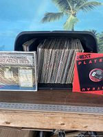 Black Rubbermaid tote filled with numerous vinyl LP records, displayed with some albums outside the tote including Gerry and the Pacemakers Greatest Hits and Next Plateau.
