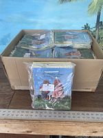 Box filled with multiple plastic-wrapped giftware bags featuring The Windsor Bears of Cranbury Commons design.