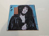 Front cover of Cher vinyl LP record in shrink wrap showing Cher in a black jacket with curly hair and blue background.