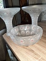 Three-piece set with two large satin glass vases and one bowl, showing frosted glass with floral design and geometric textures on vases and bowl.