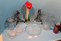 Wide shot showing entire set with Jack in the Pulpit vase, cut glass tray, creamer and sugar, pitcher, candle holder, with Dr Pepper can for scale.